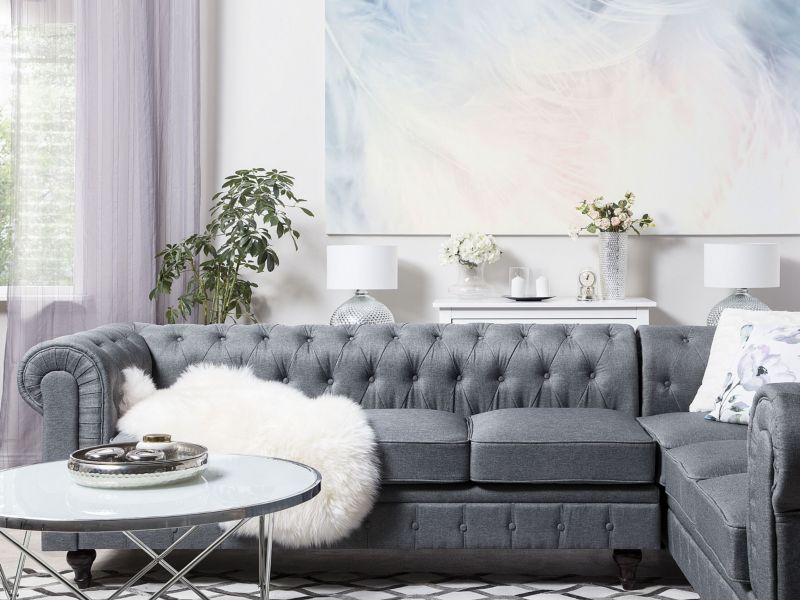 Sofa narożna lewostronna Chesterfield Szary Tkanina Lewostronny 1 szt.