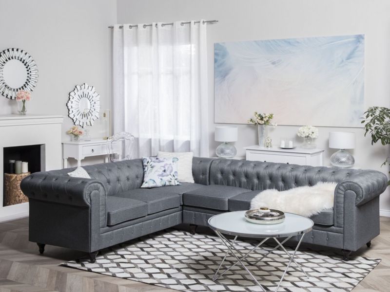 Sofa narożna prawostronna Chesterfield Szary Tkanina Prawostronny 1 szt.