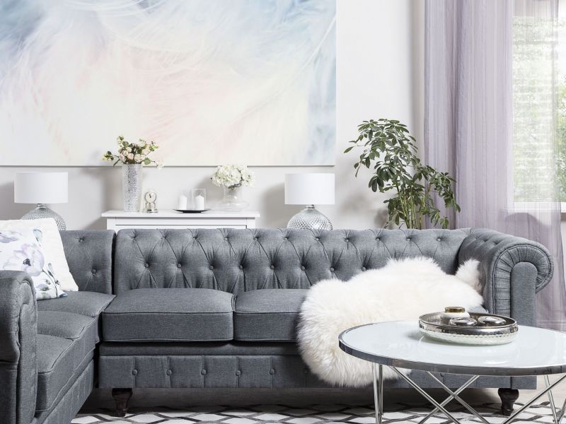 Sofa narożna prawostronna Chesterfield Szary Tkanina Prawostronny 1 szt.