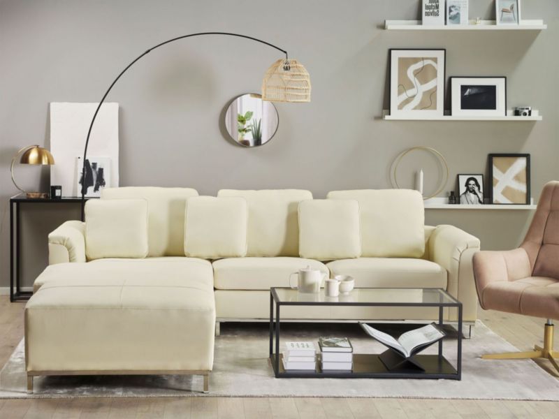 Sofa narożna prawostronna z otomaną Oslo Skóra naturalna Beżowy Prawostronny 1 kpl