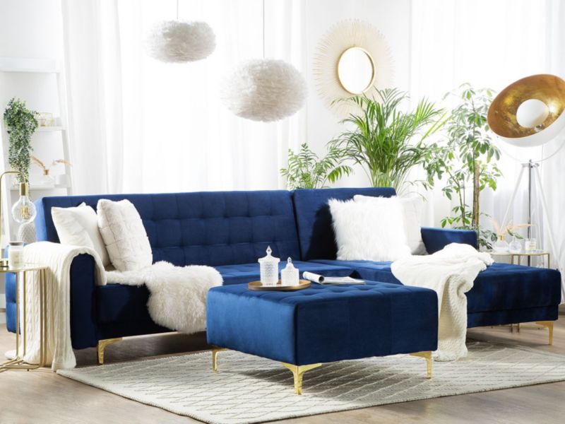 Sofa narożna z otomaną Aberdeen Welur Granatowy Lewostronny 1 kpl