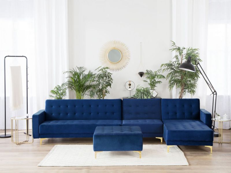 Sofa narożna z otomaną Aberdeen Welur Granatowy Lewostronny 1 kpl