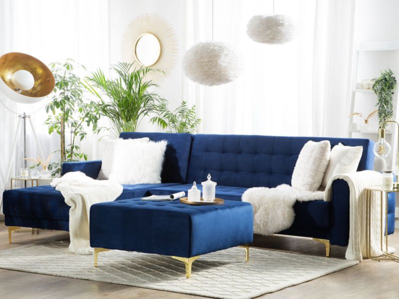 Sofa narożna z otomaną Aberdeen Welur Granatowy Prawostronny 1 kpl