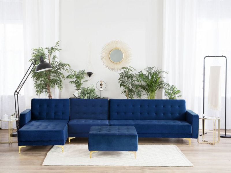 Sofa narożna z otomaną Aberdeen Welur Granatowy Prawostronny 1 kpl