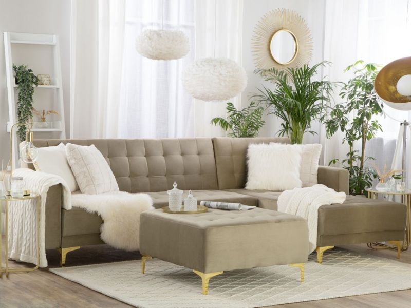Sofa narożna z otomaną Aberdeen Welur Piaskowy Lewostronny 1 kpl