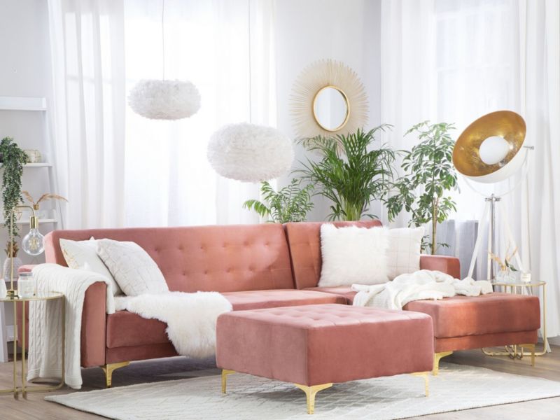 Sofa narożna z otomaną Aberdeen Welur Różowy Lewostronny 1 kpl