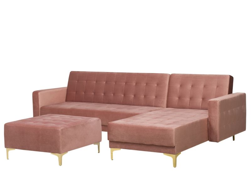 Sofa narożna z otomaną Aberdeen Welur Różowy Lewostronny 1 kpl
