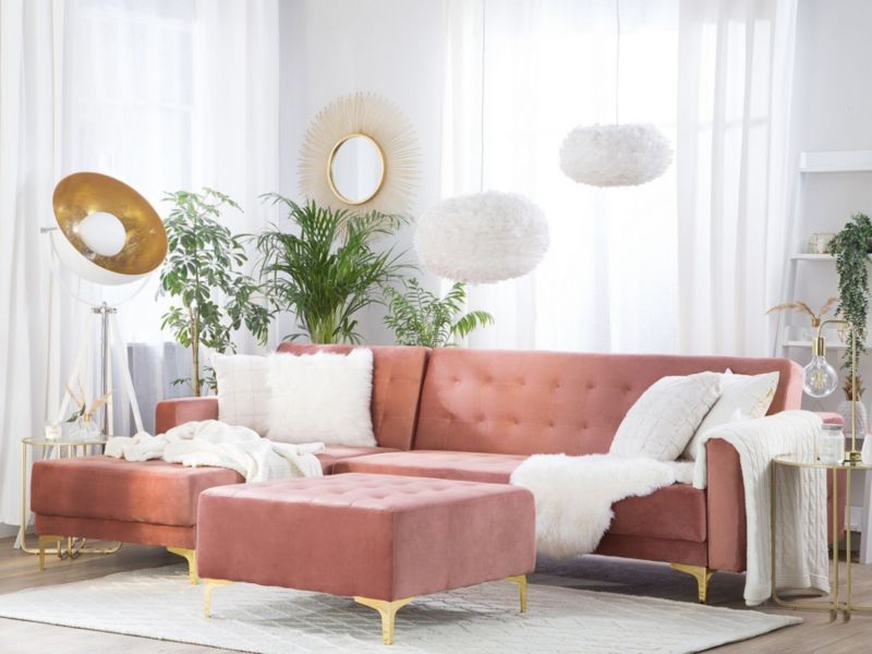 Sofa narożna z otomaną Aberdeen Welur Różowy Prawostronny 1 kpl