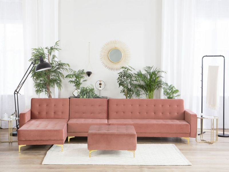 Sofa narożna z otomaną Aberdeen Welur Różowy Prawostronny 1 kpl