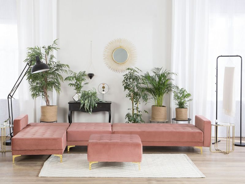 Sofa narożna z otomaną Aberdeen Welur Różowy Prawostronny 1 kpl