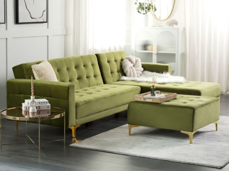 Sofa narożna z otomaną Aberdeen Welur Zielony Lewostronny 1 szt.