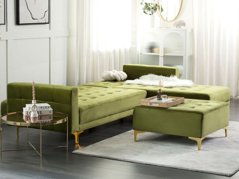 Sofa narożna z otomaną Aberdeen Welur Zielony Lewostronny 1 szt.