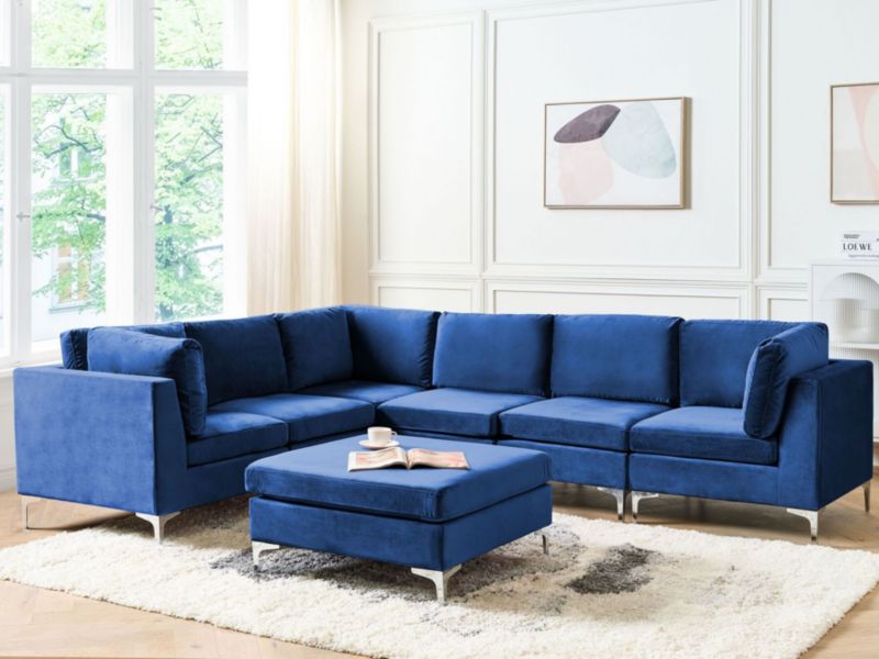 Sofa narożna z otomaną Evja Granatowy Welur Prawostronny kpl