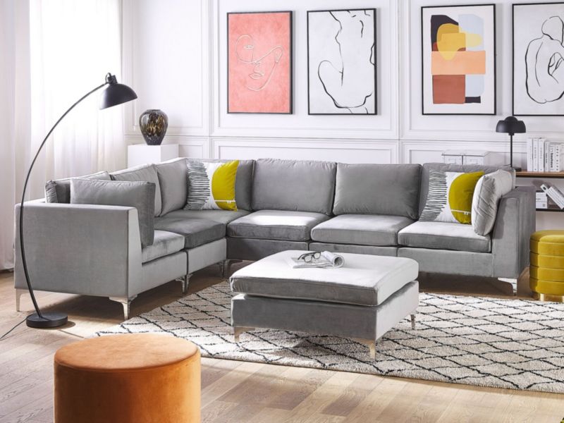 Sofa narożna z otomaną Evja Szary Welur Prawostronny kpl