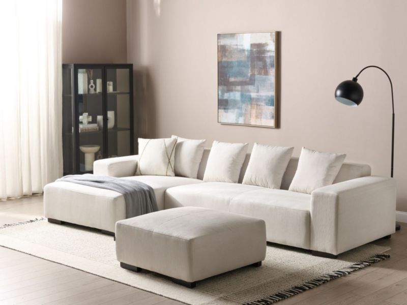 Sofa narożna z otomaną Lungo Sztruks Złamana biel Prawostronny 1 kpl