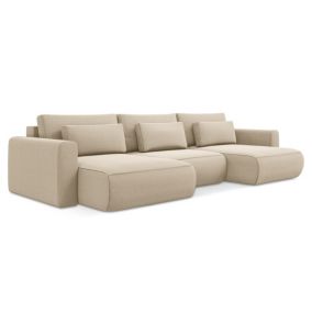Sofa panoramiczna z funkcją spania Makamii Kapua z weluru 340x149 cm jasny beż 1 szt.