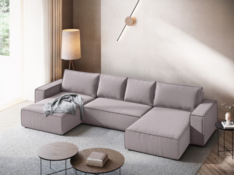 Sofa panoramiczna z funkcją spania Makamii Kimo z weluru 398x185 cm lawendowy 1 szt.