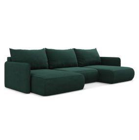 Sofa panoramiczna z funkcją spania Makamii Nanea z tkaniny strukturalnej 290x148 cm butelkowa zieleń 1 szt.