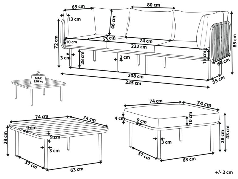 Sofa trzyosobowa z ottomaną Senise Metal Szary 1 kpl