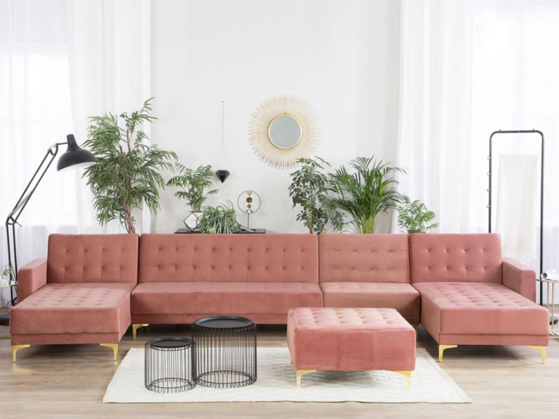 Sofa XXL z otomaną Aberdeen Różowy Welur Symetryczny 1 kpl