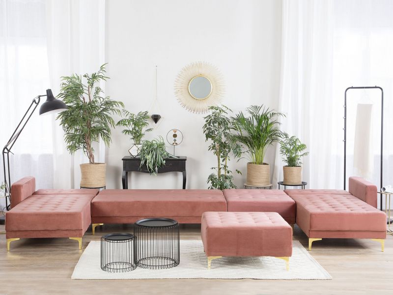 Sofa XXL z otomaną Aberdeen Różowy Welur Symetryczny 1 kpl
