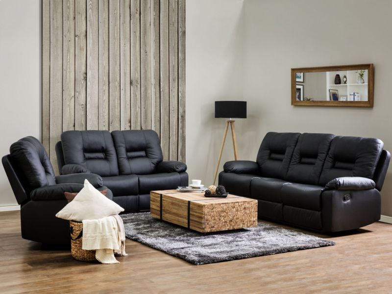 Sofa z manualną funkcją relaksu 3-osobowa ekoskóra czarna Bergen 1 szt.