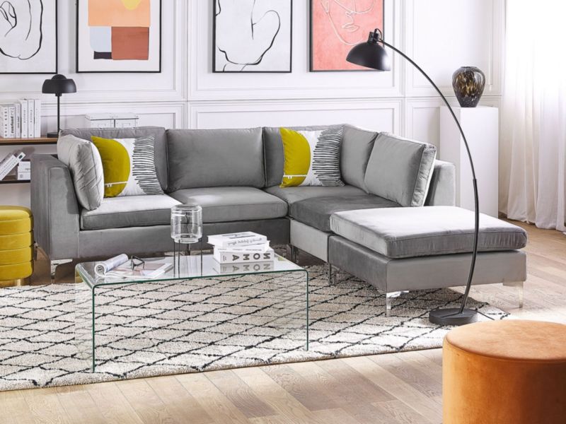 Sofa z ottomaną Evja Szary Welur Lewostronny kpl