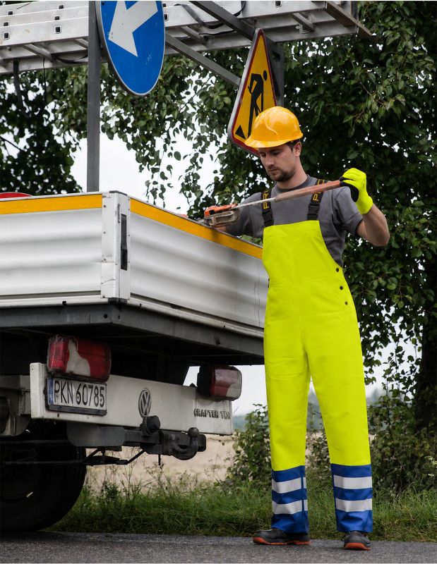 Spodnie ogrodniczki dwukolorowe model 891 R Żółty fluorescencyjny/Niebieski 58 1szt.