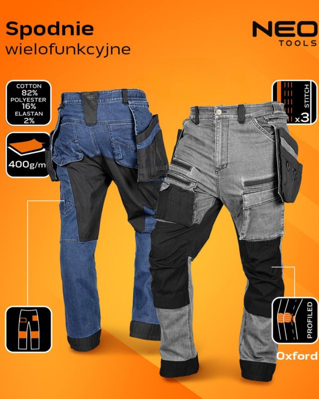 Spodnie robocze NEO TOOLS DENIM, wzmocnienia Cordura, odpinane kieszenie kaburowe, szare, rozmiar XXXL 1 szt