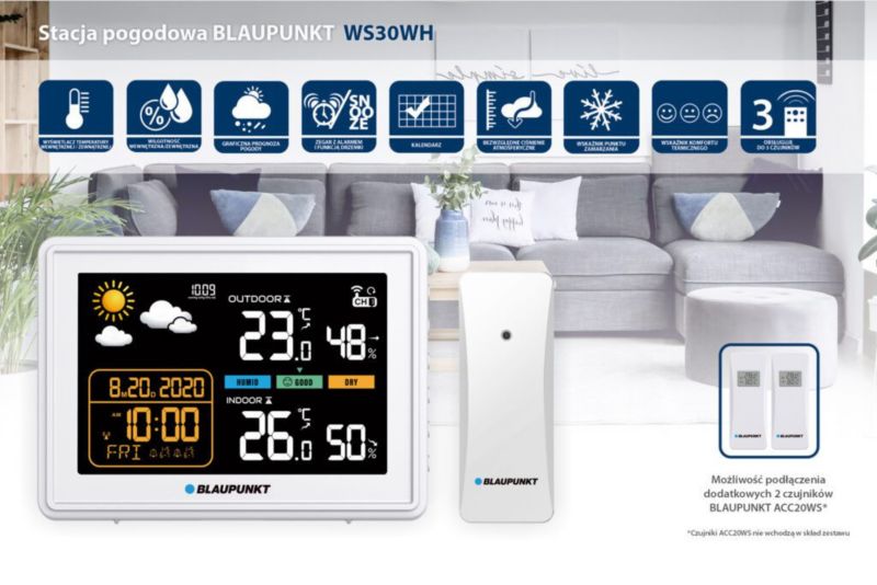 Stacja pogodowa Blaupunkt z obsługą do trzech czujników WS30WH 1 szt.