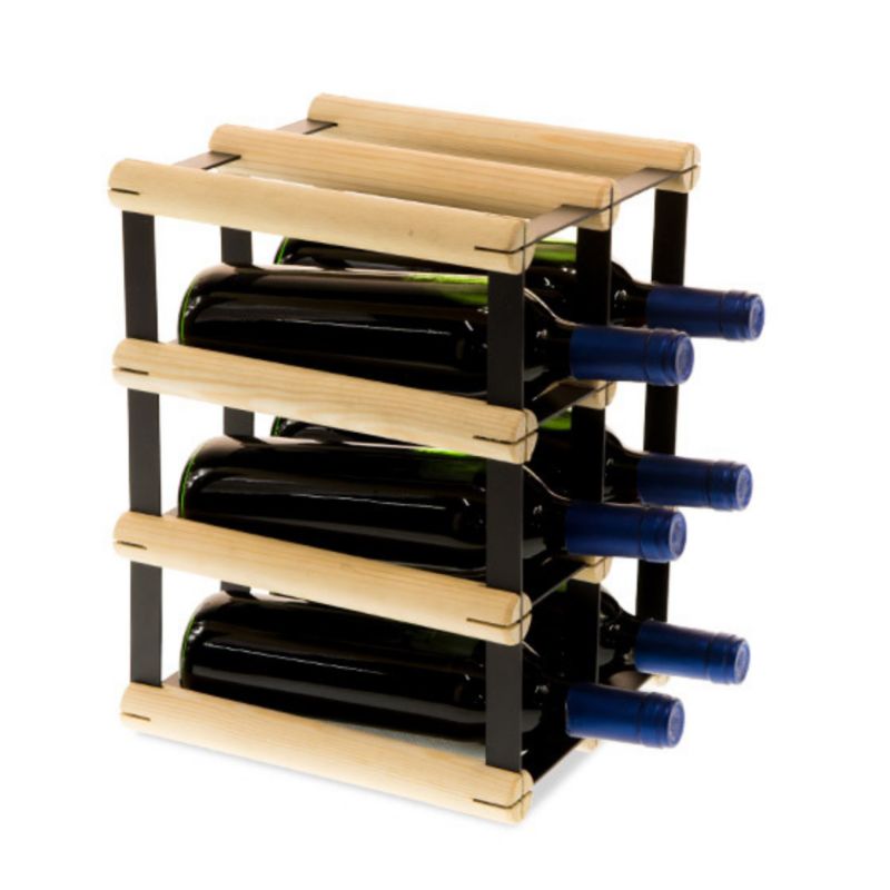 Stojak na wino MODO24 na butelki PET eko wąski minimalistyczny na 6 butelek czarny metal drewno naturalne 1 szt.