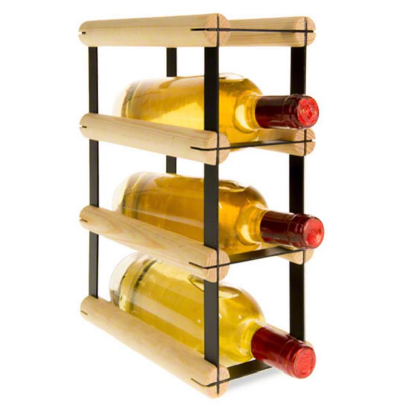 Stojak na wino MODO24 na butelki PET loftowy metalowy na 3 butelki czarny metal drewno naturalne 1 szt.