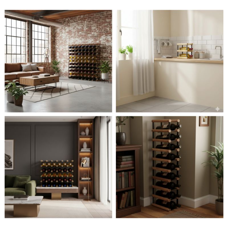 Stojak na wino MODO24 na butelki PET loftowy metalowy wąski na 6 butelek czarny metal drewno brązowe 1 szt.
