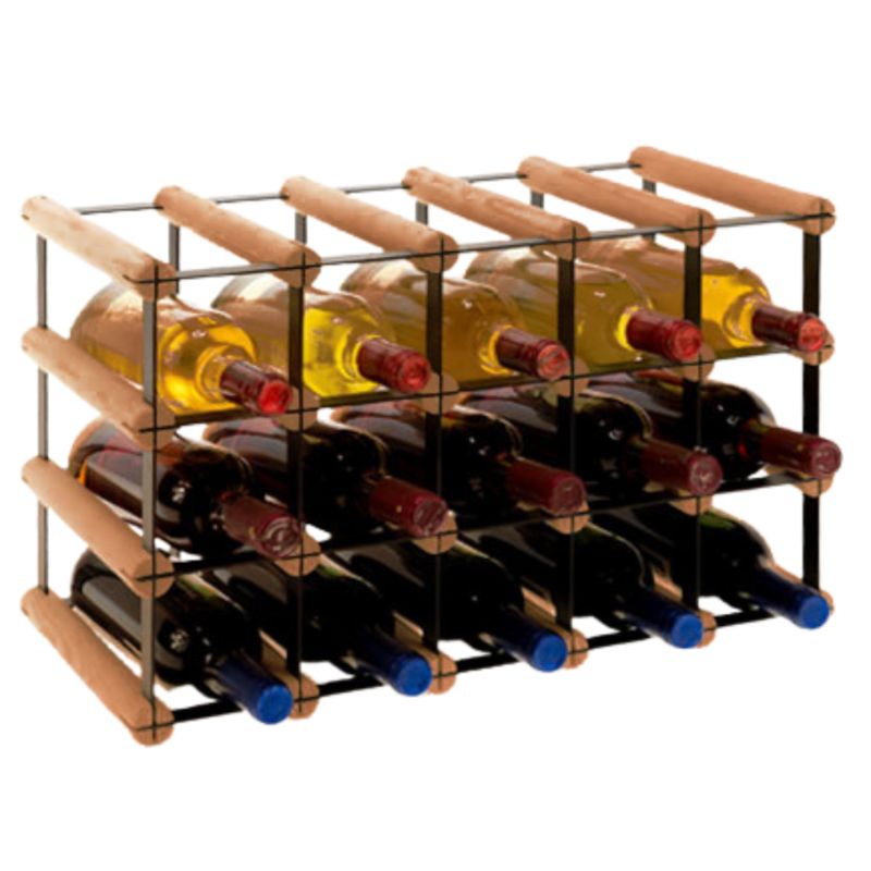 Stojak na wino MODO24 na butelki PET nowoczesny eko duży na 15 butelek czarny metal drewno brązowe 1 szt.