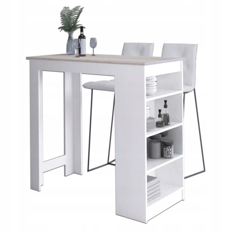 Stolik barowy pod hoker Akord Biały 115 cm kolor Dąb Sonoma mat 4 półki 115x50x103 cm 1 szt.