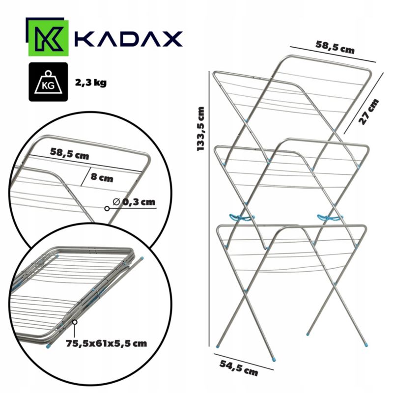 Suszarka Na Pranie KADAX Balkonowa Pionowa 20m Do Ubrań Na Bieliznę 3 Poziomy