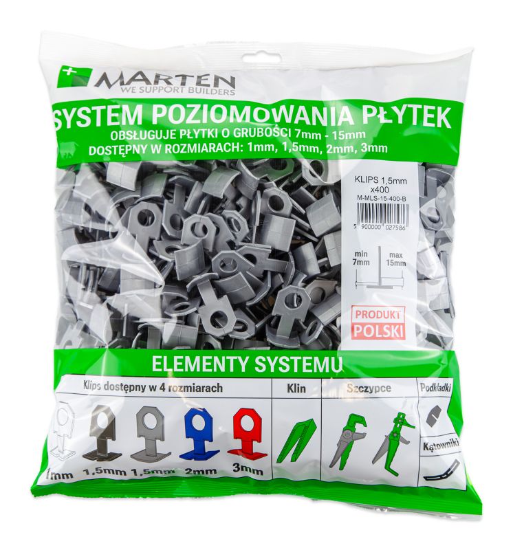 System poziomowania płytek MARTEN MLS klips szary 1,5 mm 400 szt.