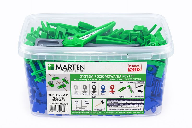 System poziomowania płytek MARTEN MLS zestaw klipsów niebieskich 2 mm i klinów + szczypce - 350 szt.