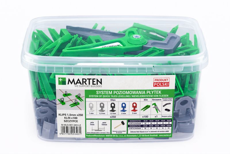 System poziomowania płytek MARTEN MLS zestaw klipsów szarych 1,5 mm i klinów + szczypce 350 szt.