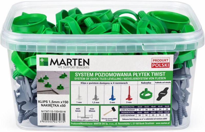 System poziomowania płytek MARTEN TWIST klips z gwintem i nakrętką 1,5 mm 200szt.