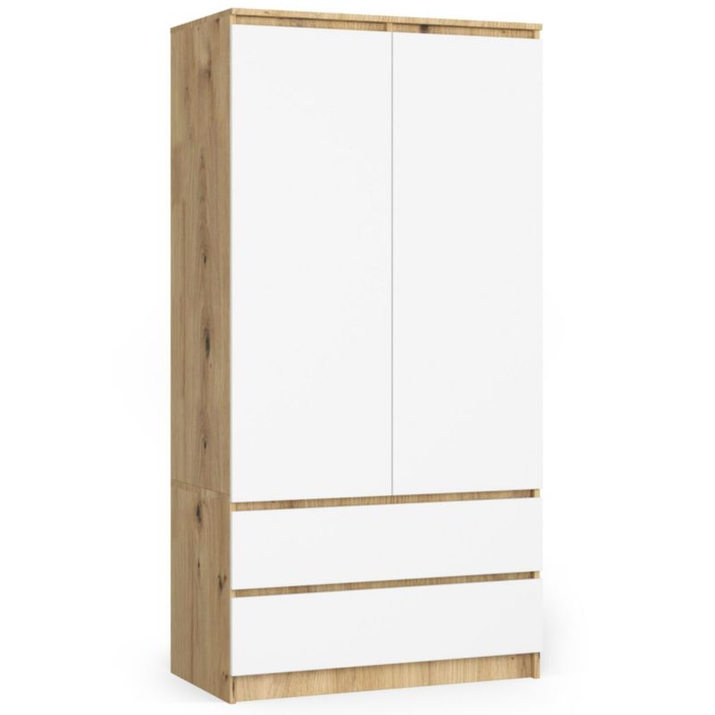 Szafa Akord S90 Dąb Artisan 90 cm 2 drzwi 2 szuflady kolor Biały mat 4 półki 90x51x180 cm 1 szt.