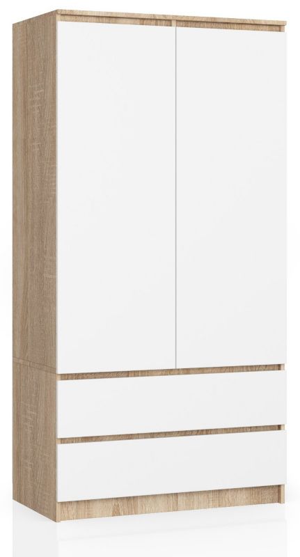 Szafa Akord S90 Dąb Sonoma 90 cm 2 drzwi 2 szuflady kolor Biały mat 4 półki 90x51x180 cm 1 szt.