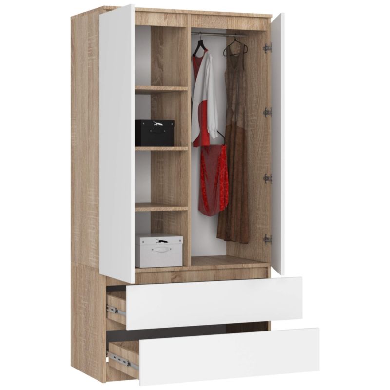 Szafa Akord S90 Dąb Sonoma 90 cm 2 drzwi 2 szuflady kolor Biały mat 4 półki 90x51x180 cm 1 szt.