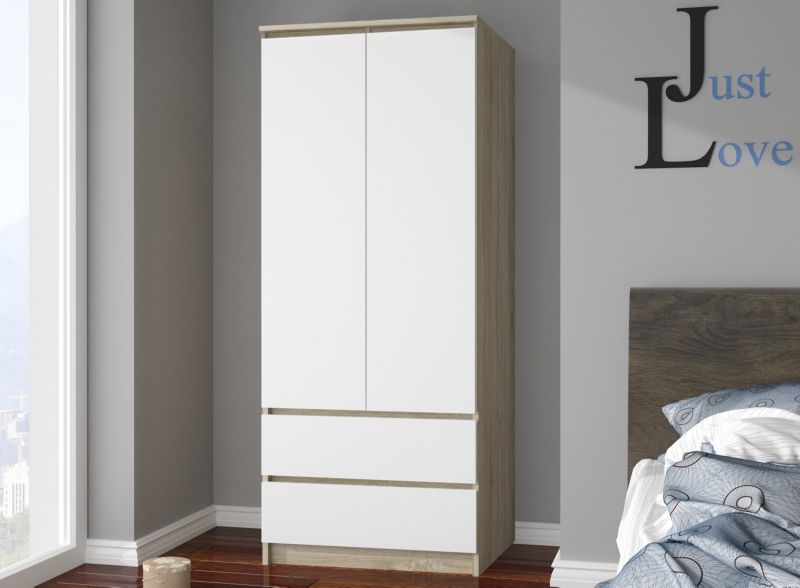 Szafa Akord S90 Dąb Sonoma 90 cm 2 drzwi 2 szuflady kolor Biały mat 4 półki 90x51x180 cm 1 szt.