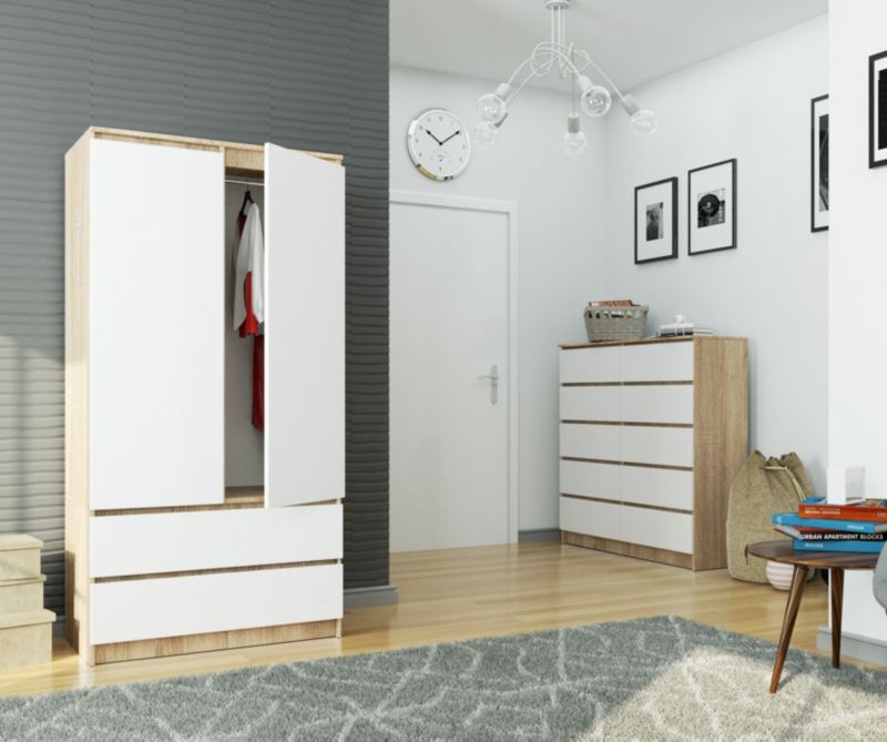 Szafa Akord S90 Dąb Sonoma 90 cm 2 drzwi 2 szuflady kolor Biały mat 4 półki 90x51x180 cm 1 szt.