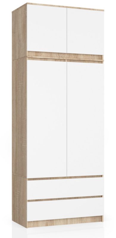 Szafa Akord S90 z nadstawką Dąb Sonoma 90 cm 2 drzwi 2 szuflady kolor Biały mat 6 półek 90x51x234 cm 1 szt.
