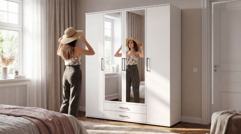Szafa Biała Stiv-Meble Z Lustrem 160 Cm 4 Drzwi 2 Szuflady 160,2X53,5X196,3 Cm 1 Szt.