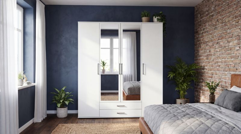 Szafa Biała Stiv-Meble Z Lustrem 160 Cm 4 Drzwi 2 Szuflady 160,2X53,5X196,3 Cm 1 Szt.