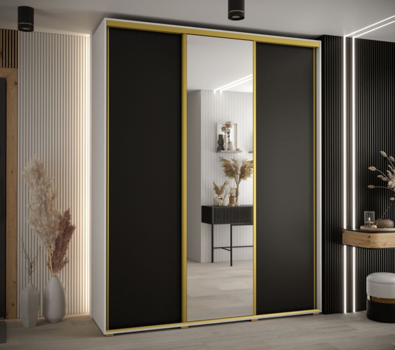 Szafa przesuwna Abiks DAVOS 3 wysoka szer.200cm gł.45cm biały/czarny/złoty 1szt.