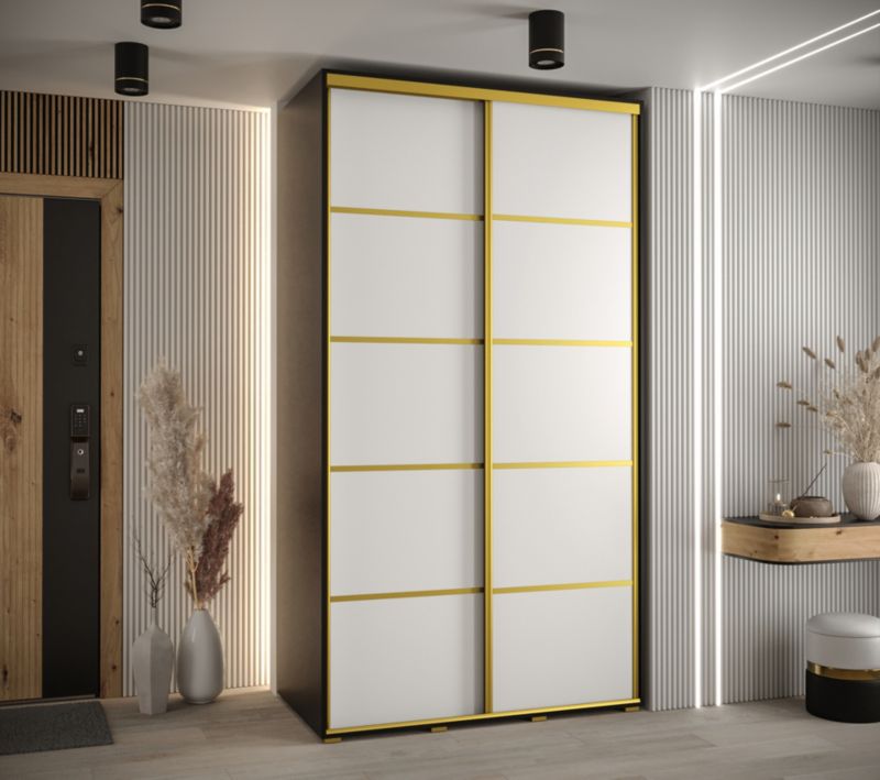 Szafa przesuwna Abiks DAVOS 4 wysoka szer.140cm gł.45cm czarny/biały/złoty 1szt.